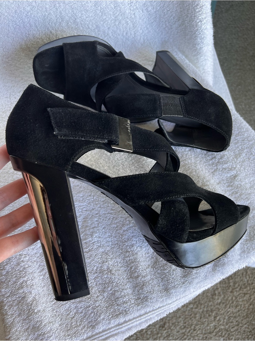 Calvin Klein Nichelle black suede platform sandals metallic silver